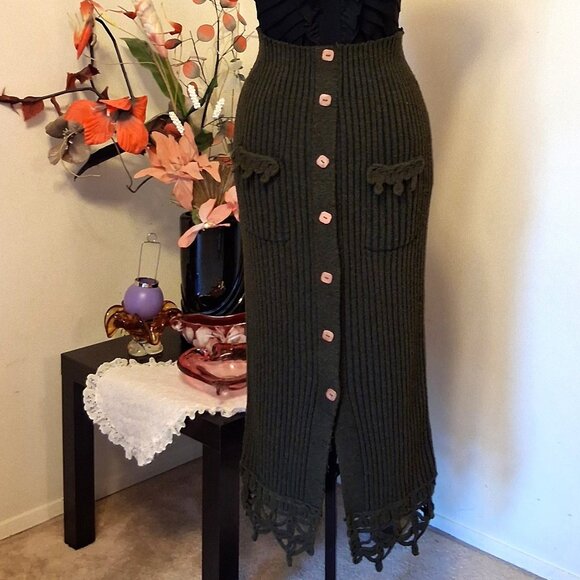Preowned Women's Olive Green Maxi Skirt High Waist Stretch Long Knitted Skirts - Picture 1 of 8